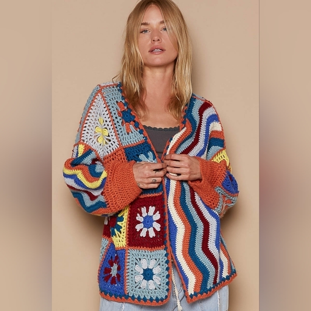 NWT POL Crochet Knit Granny Square Floral Open Cardigan Retro 70s Boho - Picture 4 of 8
